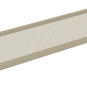 A rectangular metal grate with a beige frame, featuring a mesh-like surface made of evenly spaced perforations. It has small mounting brackets on each corner for attachment.