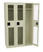 Three beige lockers are shown, two closed with transparent doors and one open, revealing a hanging rod inside. Each has a black handle and lock mechanism. The open door is fully extended.
