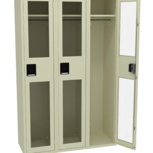 Three beige lockers are shown, two closed with transparent doors and one open, revealing a hanging rod inside. Each has a black handle and lock mechanism. The open door is fully extended.