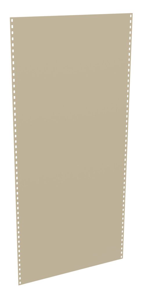A blank sheet of continuous computer paper with perforated edges and holes along the sides, used for dot matrix printers. The paper is beige in color and positioned vertically.