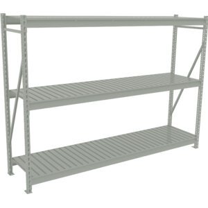 A metal storage rack with three shelves. The structure is light gray and has vertical and horizontal beams with open slatted surfaces. Its designed for heavy-duty use, typically found in warehouses or garages.