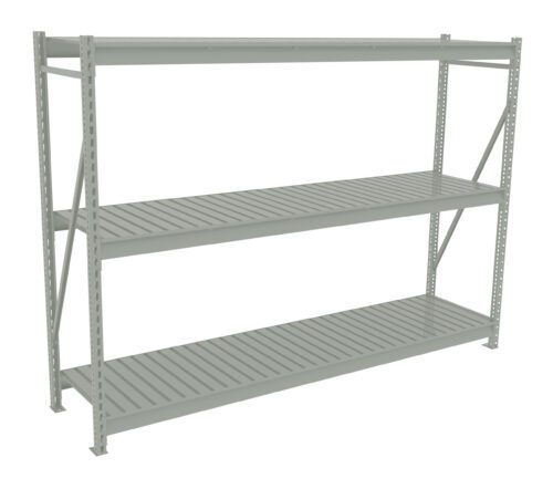 A metal storage rack with three shelves. The structure is light gray and has vertical and horizontal beams with open slatted surfaces. Its designed for heavy-duty use, typically found in warehouses or garages.