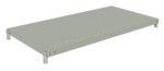 A gray, rectangular metal shelf viewed from an angle. It has small holes along its edges and is supported by brackets at its corners.