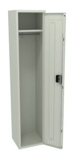 Open beige metal locker with one door ajar. Inside, theres a single shelf and a metal rod for hanging items. The locker features a black lock mechanism on the door.