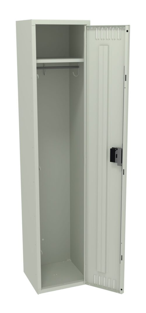 Open beige metal locker with one door ajar. Inside, theres a single shelf and a metal rod for hanging items. The locker features a black lock mechanism on the door.