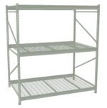 Metal storage rack with two shelves, featuring a sturdy, industrial design. The shelves have a grid pattern, and the structure includes support beams and rectangular frames on the sides. The rack is empty and light gray in color.