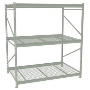 Metal storage rack with two shelves, featuring a sturdy, industrial design. The shelves have a grid pattern, and the structure includes support beams and rectangular frames on the sides. The rack is empty and light gray in color.