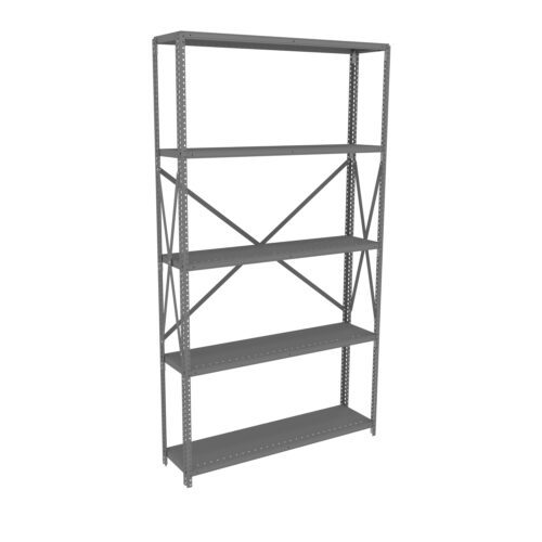A tall, metal storage shelf unit with five empty gray shelves. The frame is made of perforated metal strips, and there are diagonal support bars on the sides and back. The shelving unit is freestanding and shown against a plain white background.