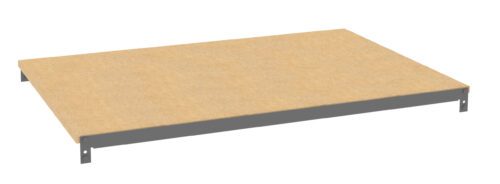 A rectangular wooden tabletop with a grey metal frame around its edges, viewed from above at a slight angle. The tabletop appears smooth and unfinished.