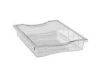 A transparent, rectangular acrylic storage drawer with curved handles on the sides, designed for organizing small items. The drawer has a smooth, glossy surface and features stackable grooves for efficient storage solutions.