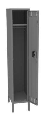 A tall, gray metal locker with a single door open, showing an empty interior. Inside, theres a hanging rod near the top and a lock on the door. The locker stands on small legs.
