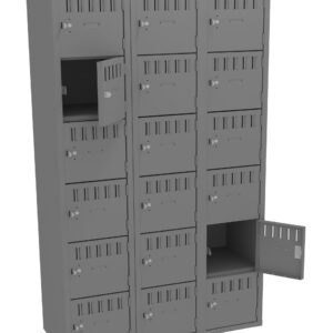 A gray metal locker unit with three columns and five rows of compartments. Each compartment has a ventilation slot and a lock. Two compartments are open, revealing empty interiors. The overall design is industrial and utilitarian.