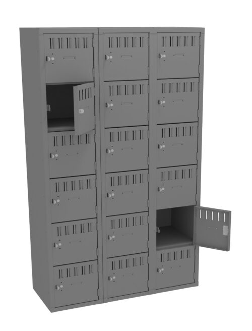 A gray metal locker unit with three columns and five rows of compartments. Each compartment has a ventilation slot and a lock. Two compartments are open, revealing empty interiors. The overall design is industrial and utilitarian.