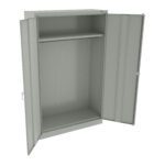 Open gray metal cabinet with two doors and a single shelf in the middle. The interior is empty, with visible holes along the sides for adjustable shelving. The cabinet has a handle on the right door.