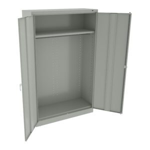 Open gray metal cabinet with two doors and a single shelf in the middle. The interior is empty, with visible holes along the sides for adjustable shelving. The cabinet has a handle on the right door.