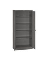 A tall, open metal cabinet with four shelves, all empty. The cabinet doors are open, revealing the interior. The cabinet is gray and stands against a plain white background.