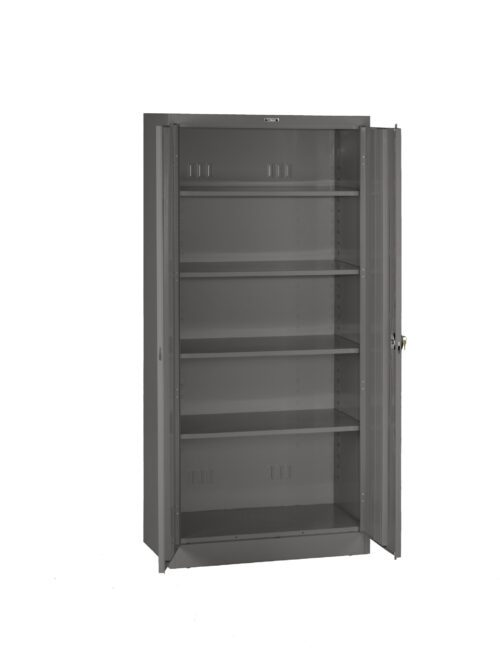 A tall, open metal cabinet with four shelves, all empty. The cabinet doors are open, revealing the interior. The cabinet is gray and stands against a plain white background.