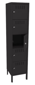 A tall, black metal locker with four compartments, each with a vented door. Three doors are closed, and one is slightly open, revealing an empty interior. The locker stands on four legs.