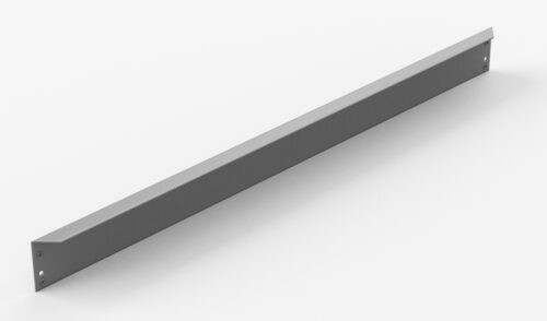 A long, thin, rectangular metal bracket with angled ends, featuring holes for mounting, lying on a plain white surface.