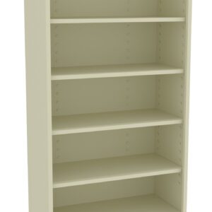 A tall, beige, metal bookshelf with five shelves and black wheels on the bottom. The bookshelf is empty and standing upright against a plain white background.