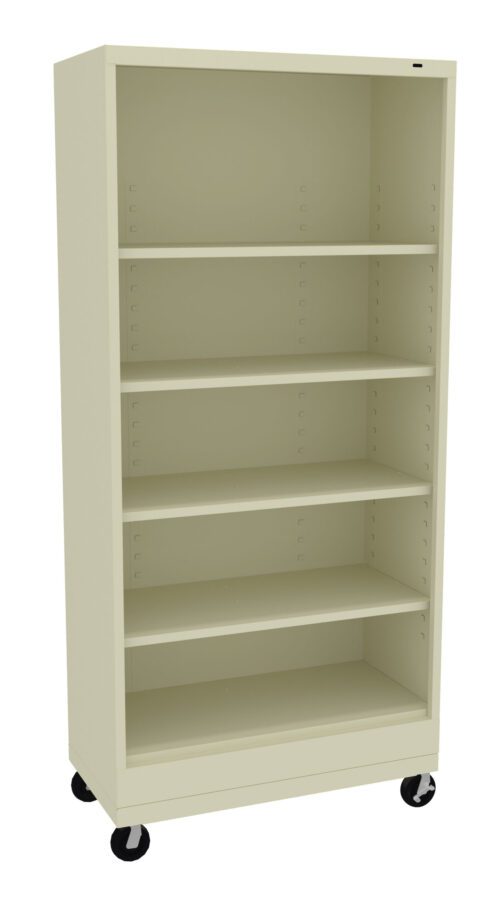 cc8kfeufggwfwbllv7xp.jpg A tall, beige, metal bookshelf with five shelves and black wheels on the bottom. The bookshelf is empty and standing upright against a plain white background.