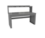 Gray metal workbench with a smooth rectangular surface, a raised shelf above, and a central horizontal bar underneath for support. Equipped with multiple power outlets along the back of the shelf.
