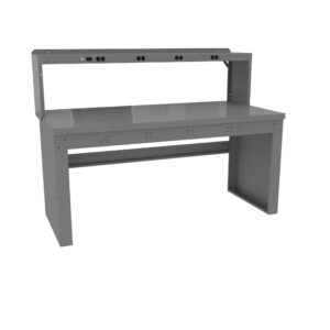 Gray metal workbench with a smooth rectangular surface, a raised shelf above, and a central horizontal bar underneath for support. Equipped with multiple power outlets along the back of the shelf.
