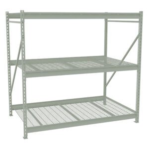 A large, industrial metal shelving unit with three grid-style shelves. The frame is light gray and has a sturdy construction, designed for heavy-duty storage. The shelves are evenly spaced with a reinforced structure for support.
