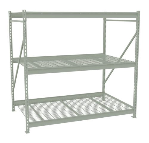 A large, industrial metal shelving unit with three grid-style shelves. The frame is light gray and has a sturdy construction, designed for heavy-duty storage. The shelves are evenly spaced with a reinforced structure for support.
