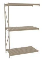 A beige metal shelving unit with three adjustable shelves is shown. The unit has a simple, industrial design with perforated supports and horizontal slats on each shelf. The shelves are evenly spaced and sturdy.