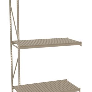 A beige metal shelving unit with three adjustable shelves is shown. The unit has a simple, industrial design with perforated supports and horizontal slats on each shelf. The shelves are evenly spaced and sturdy.