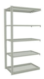 A metal shelving unit with five adjustable, perforated shelves. The shelves are supported by a sturdy frame with vertical beams featuring evenly spaced holes for height adjustments. The unit is empty and positioned against a plain white background.