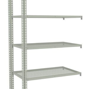 A metal shelving unit with five adjustable, perforated shelves. The shelves are supported by a sturdy frame with vertical beams featuring evenly spaced holes for height adjustments. The unit is empty and positioned against a plain white background.