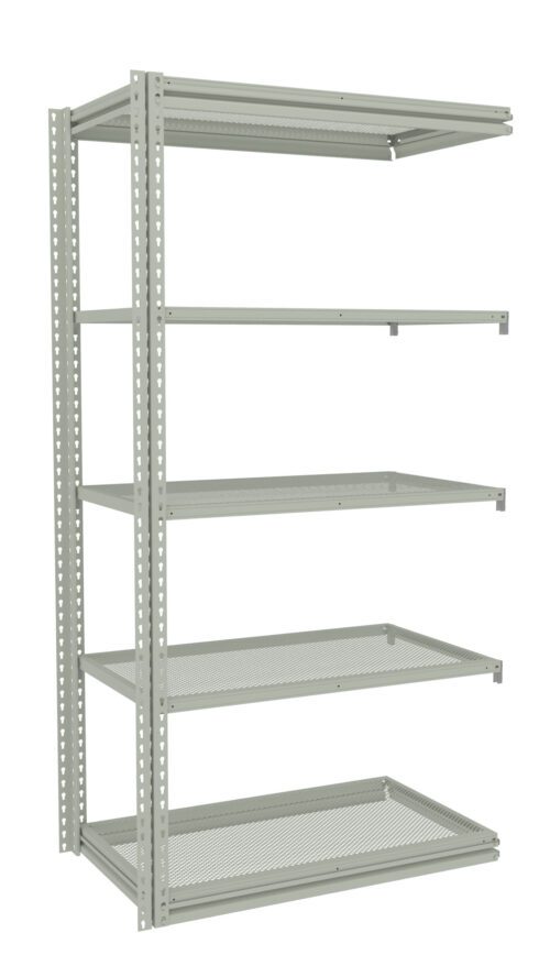 A metal shelving unit with five adjustable, perforated shelves. The shelves are supported by a sturdy frame with vertical beams featuring evenly spaced holes for height adjustments. The unit is empty and positioned against a plain white background.
