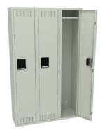 Three beige metal lockers with vented doors. Two doors are closed, and one is open, revealing a storage area with a shelf and a hook for hanging items. Each locker has a rectangular handle for opening. The setting is neutral and minimal.