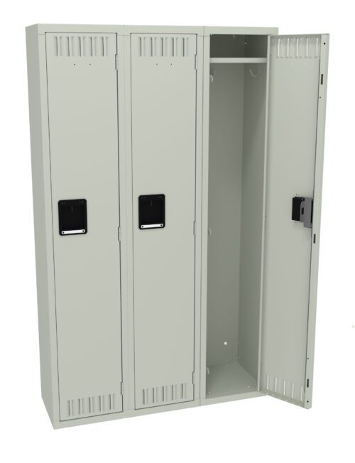 cd7bmkchis6j3ca4ggok.jpg Three beige metal lockers with vented doors. Two doors are closed, and one is open, revealing a storage area with a shelf and a hook for hanging items. Each locker has a rectangular handle for opening. The setting is neutral and minimal.