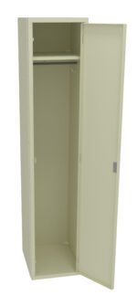 Open beige metal locker with a single door ajar, revealing an empty interior with a hanging rod and shelf at the top.