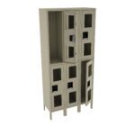 A beige, rectangular metal locker unit with six compartments. Some doors are open, revealing empty spaces inside. Each door has a black handle and small rectangular windows. The locker is standing on short legs.