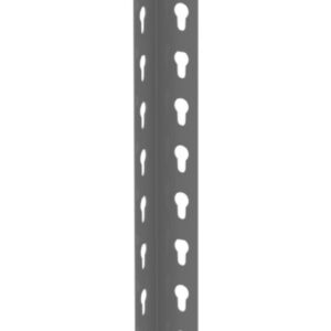 A black, vertical metal angle bracket with evenly spaced perforated holes along its length. The holes are circular, allowing for adjustable mounting or assembly. The bracket has a right-angle design, commonly used in construction or shelving.