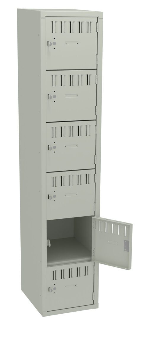 A tall, light gray storage locker with six compartments is shown. Five compartments are closed, while the second from the bottom is open, revealing an empty interior. Each compartment has a lock and ventilation slots.