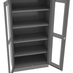 A gray metal storage cabinet with two glass doors swung open, revealing four adjustable shelves inside. The cabinet is empty and stands on a white background.