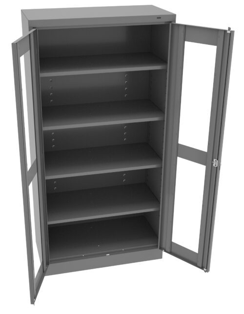 A gray metal storage cabinet with two glass doors swung open, revealing four adjustable shelves inside. The cabinet is empty and stands on a white background.