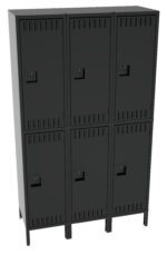 A set of six black metal lockers arranged in two rows of three. Each locker has a vented door with a handle and a lock, standing on legs. The design is simple and industrial.