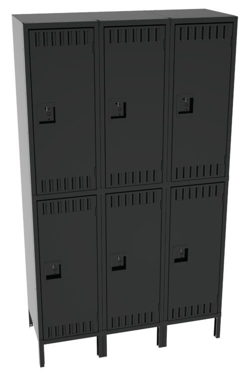 cenh53o6lbq0rjyhqnkw.jpg A set of six black metal lockers arranged in two rows of three. Each locker has a vented door with a handle and a lock, standing on legs. The design is simple and industrial.