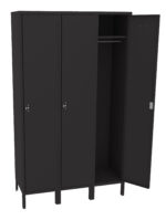 A black, three-door metal locker with the middle door open, revealing a hanging rod inside. The locker is on short legs and has simple handles on each door.