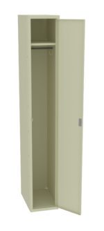 A tall, beige metal wardrobe with one door open, showing an empty interior. Inside, there is a single hanging rod and an upper shelf. The wardrobe has a simple design and stands on a flat surface.