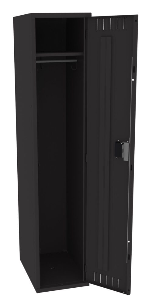 A tall, black metal locker is shown with its door open, revealing a hanging rod inside. The door has a lock and a slatted vent design. The locker stands on a white background.