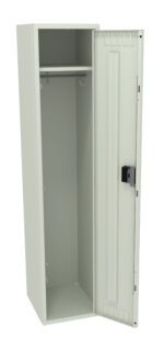 Open, tall metal locker with a light gray finish. The locker has a single door with a built-in lock, revealing an interior with a shelf and a hanging rod inside.