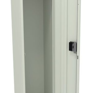 Open, tall metal locker with a light gray finish. The locker has a single door with a built-in lock, revealing an interior with a shelf and a hanging rod inside.