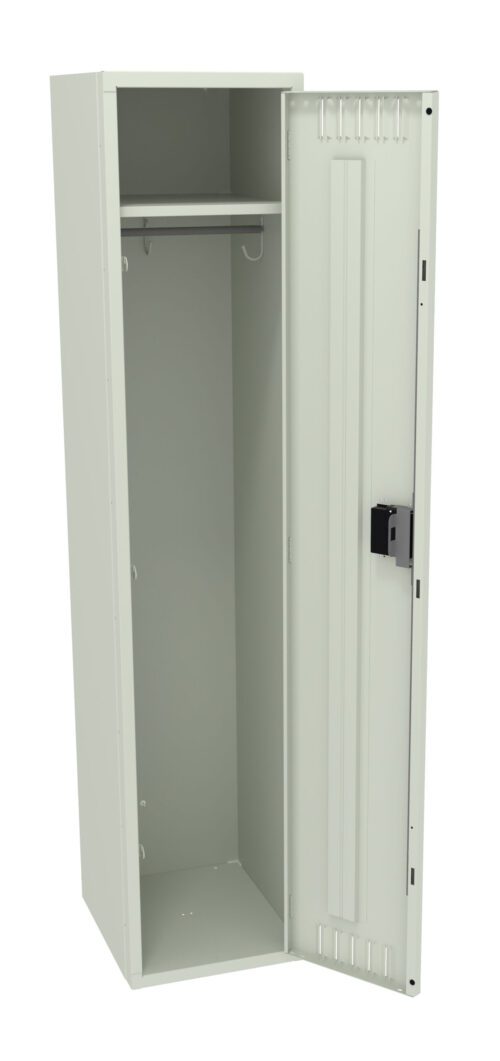 Open, tall metal locker with a light gray finish. The locker has a single door with a built-in lock, revealing an interior with a shelf and a hanging rod inside.